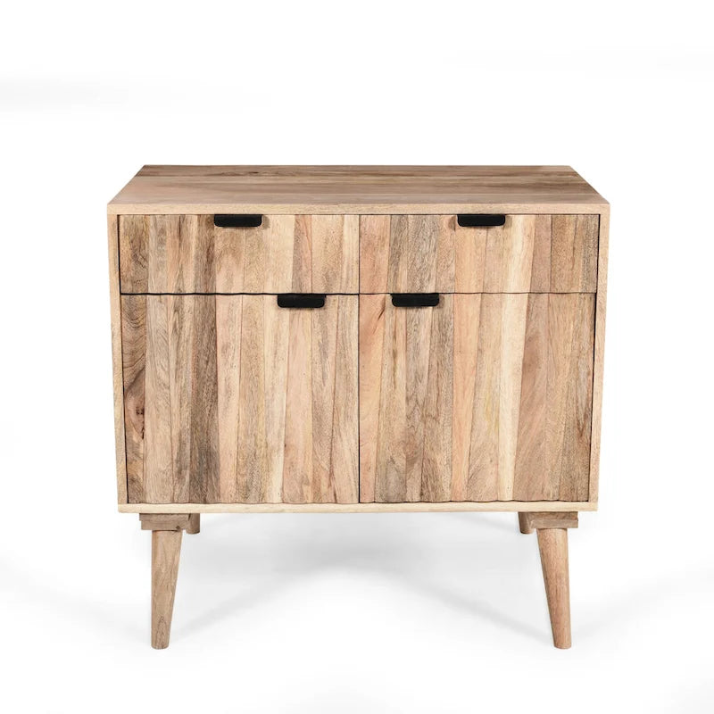 Meuble en bois de manguier fait main, style Mid-Century Modern, 2 tiroirs et 2 portes