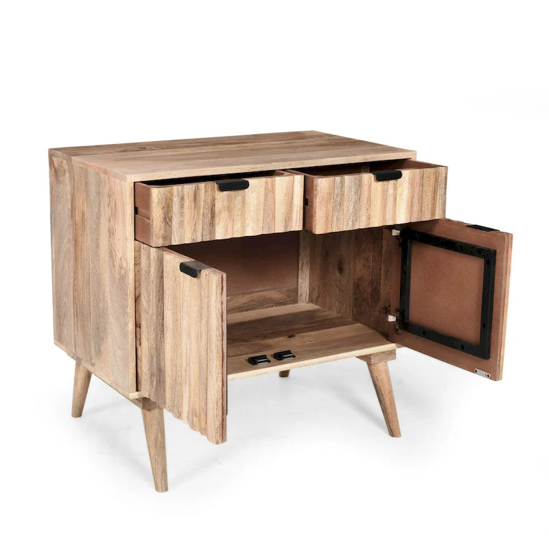 Meuble en bois de manguier fait main, style Mid-Century Modern, 2 tiroirs et 2 portes
