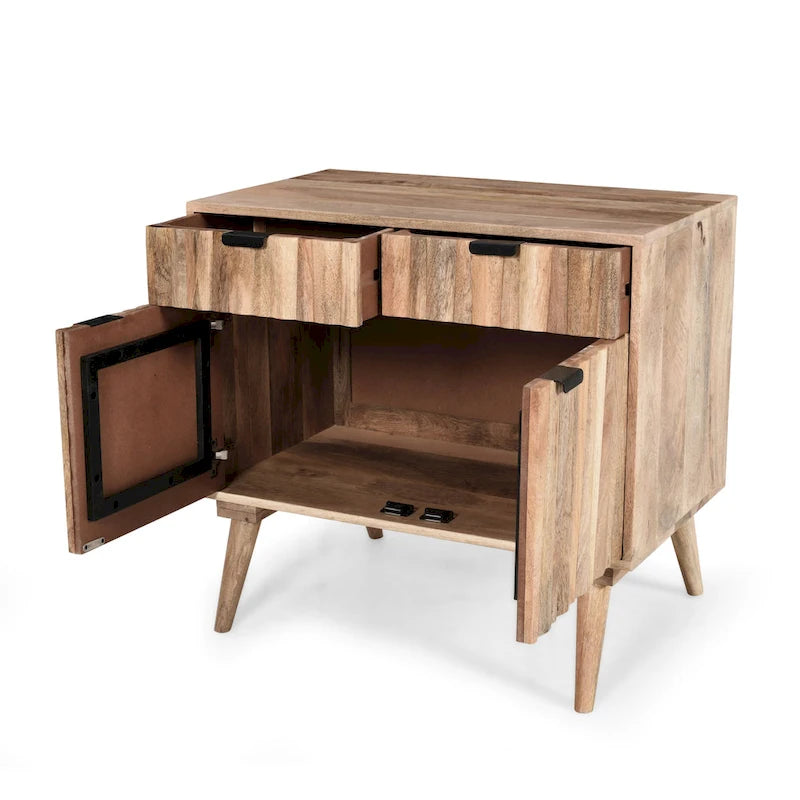 Meuble en bois de manguier fait main, style Mid-Century Modern, 2 tiroirs et 2 portes