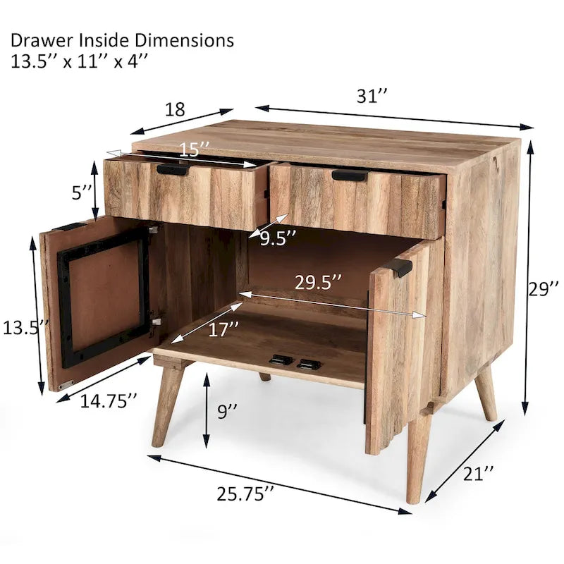 Meuble en bois de manguier fait main, style Mid-Century Modern, 2 tiroirs et 2 portes