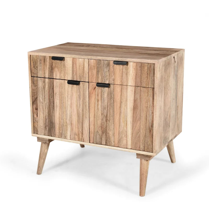 Meuble en bois de manguier fait main, style Mid-Century Modern, 2 tiroirs et 2 portes