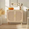 Meuble de rangement 2 portes en rotin, Meuble de bar à café avec pieds en bois massif, Buffet de cuisine avec étagère réglable