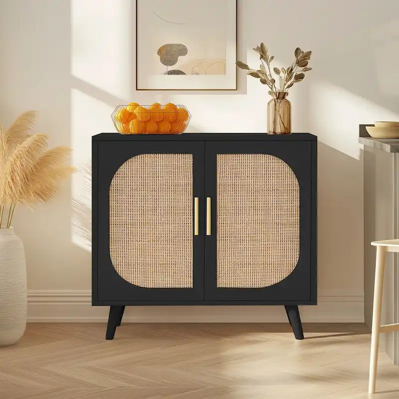 Meuble de rangement 2 portes en rotin, Meuble de bar à café avec pieds en bois massif, Buffet de cuisine avec étagère réglable