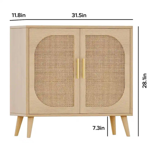 Meuble de rangement 2 portes en rotin, Meuble de bar à café avec pieds en bois massif, Buffet de cuisine avec étagère réglable