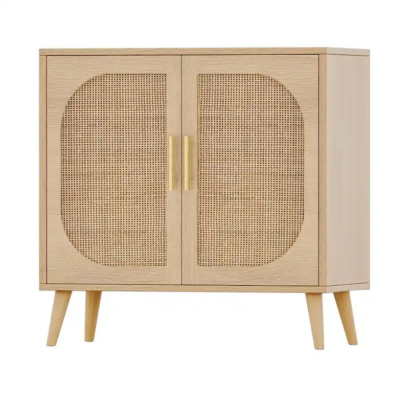 Meuble de rangement 2 portes en rotin, Meuble de bar à café avec pieds en bois massif, Buffet de cuisine avec étagère réglable