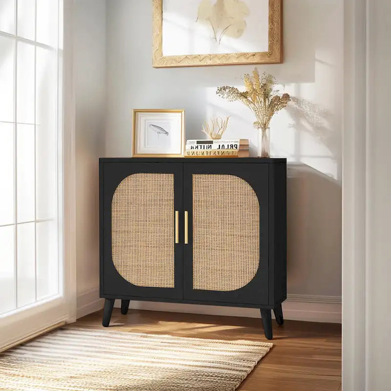 Meuble de rangement 2 portes en rotin, Meuble de bar à café avec pieds en bois massif, Buffet de cuisine avec étagère réglable