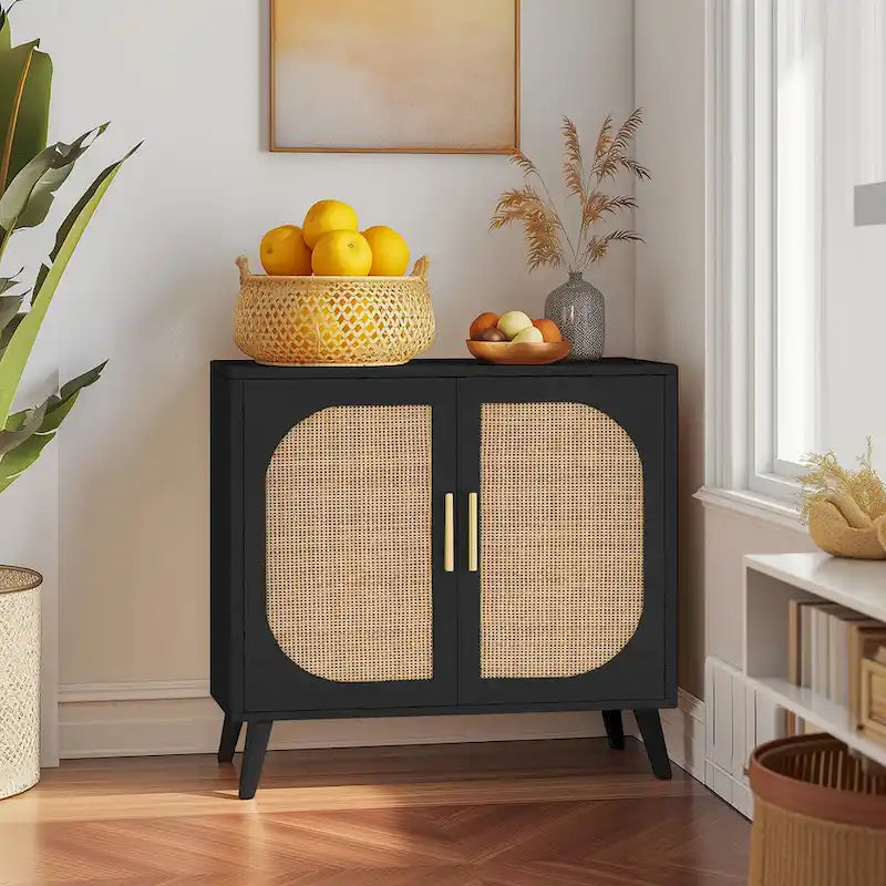 Meuble de rangement 2 portes en rotin, Meuble de bar à café avec pieds en bois massif, Buffet de cuisine avec étagère réglable