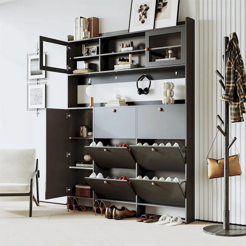Meuble à chaussures multifonctionnel avec étagère de rangement et 6 tiroirs à abattant