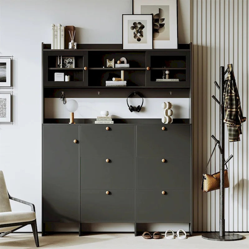 Meuble à chaussures multifonctionnel avec étagère de rangement et 6 tiroirs à abattant