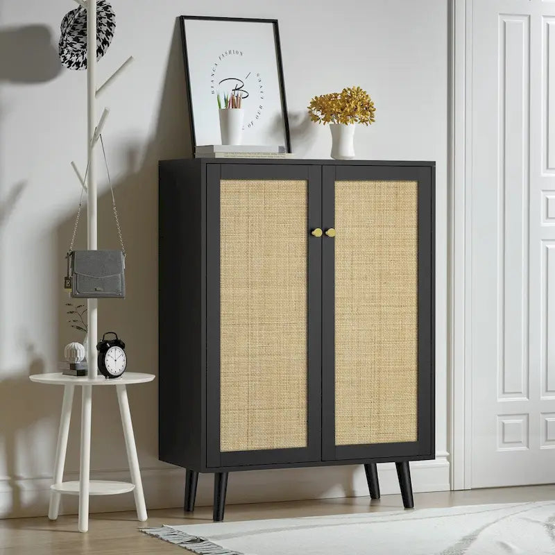 Buffet Anmytek moderne noir à 2 portes, meuble de rangement d'appoint avec étagères réglables - 31,5W x 13,4D x 44H