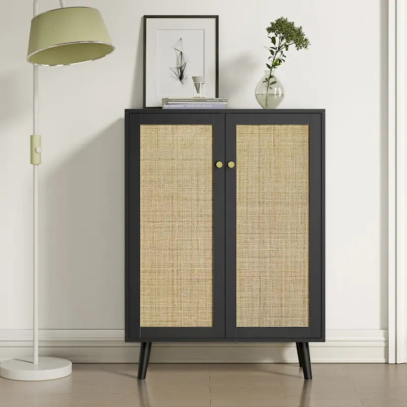 Buffet Anmytek moderne noir à 2 portes, meuble de rangement d'appoint avec étagères réglables - 31,5W x 13,4D x 44H