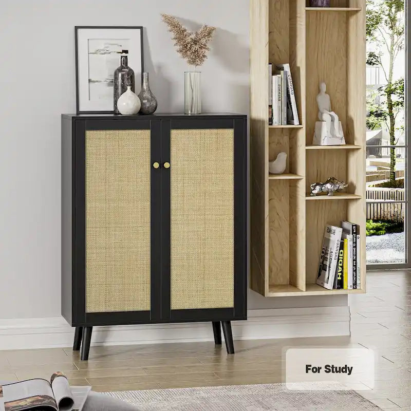 Buffet Anmytek moderne noir à 2 portes, meuble de rangement d'appoint avec étagères réglables - 31,5W x 13,4D x 44H