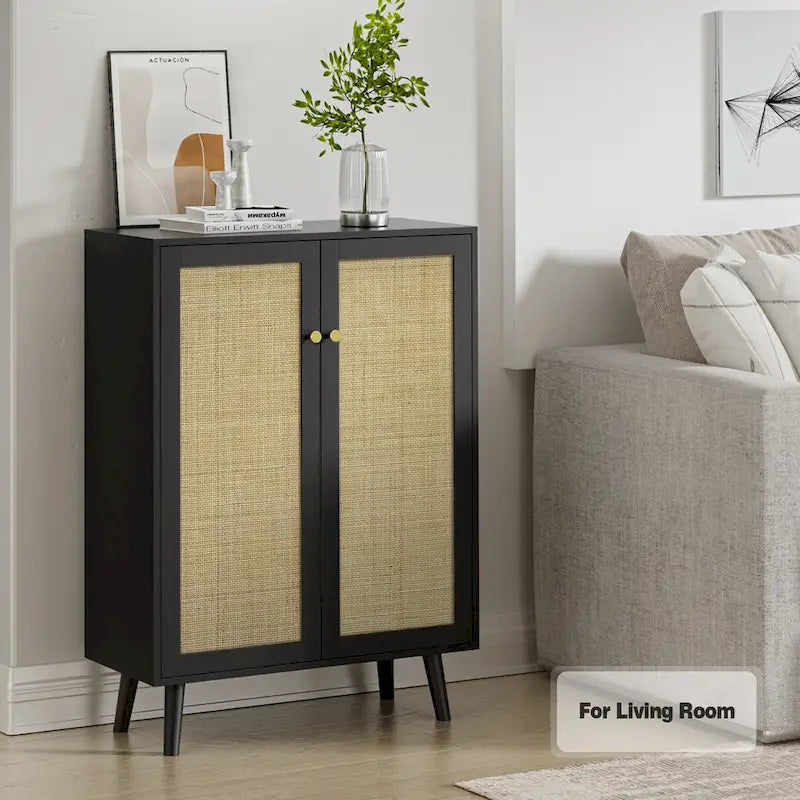 Buffet Anmytek moderne noir à 2 portes, meuble de rangement d'appoint avec étagères réglables - 31,5W x 13,4D x 44H