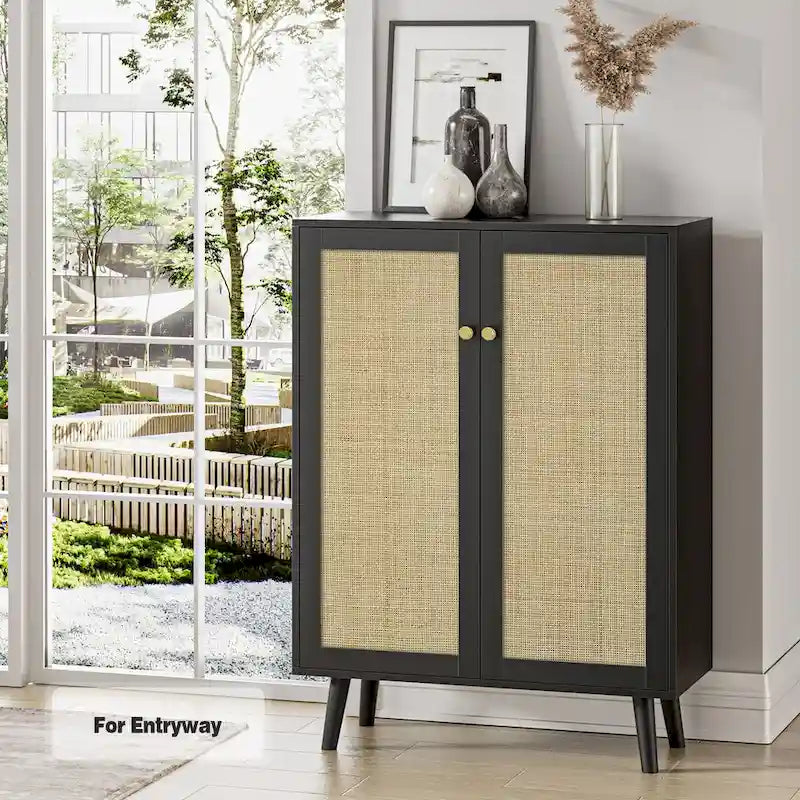 Buffet Anmytek moderne noir à 2 portes, meuble de rangement d'appoint avec étagères réglables - 31,5W x 13,4D x 44H