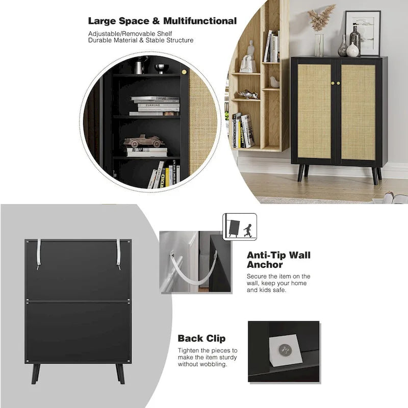 Buffet Anmytek moderne noir à 2 portes, meuble de rangement d'appoint avec étagères réglables - 31,5W x 13,4D x 44H
