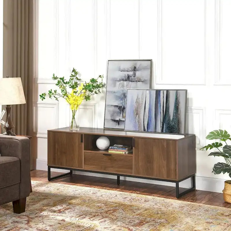 Buffet TV en bois avec 2 portes et étagères