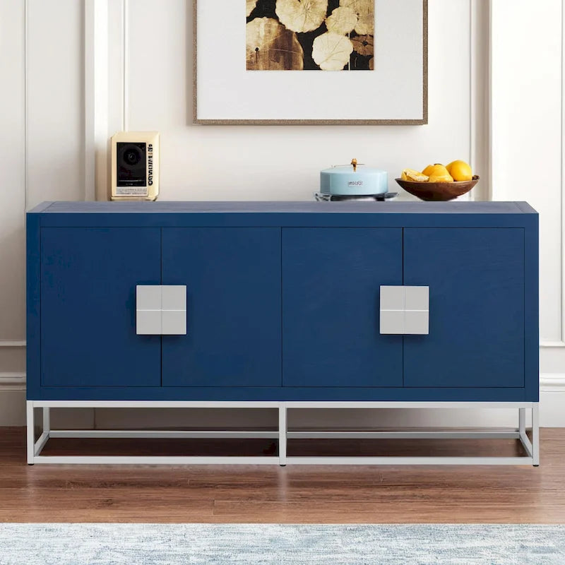 Meuble de style "Luxe Léger" avec pieds de support uniques et étagères réglables, convient pour les salons et les couloirs.