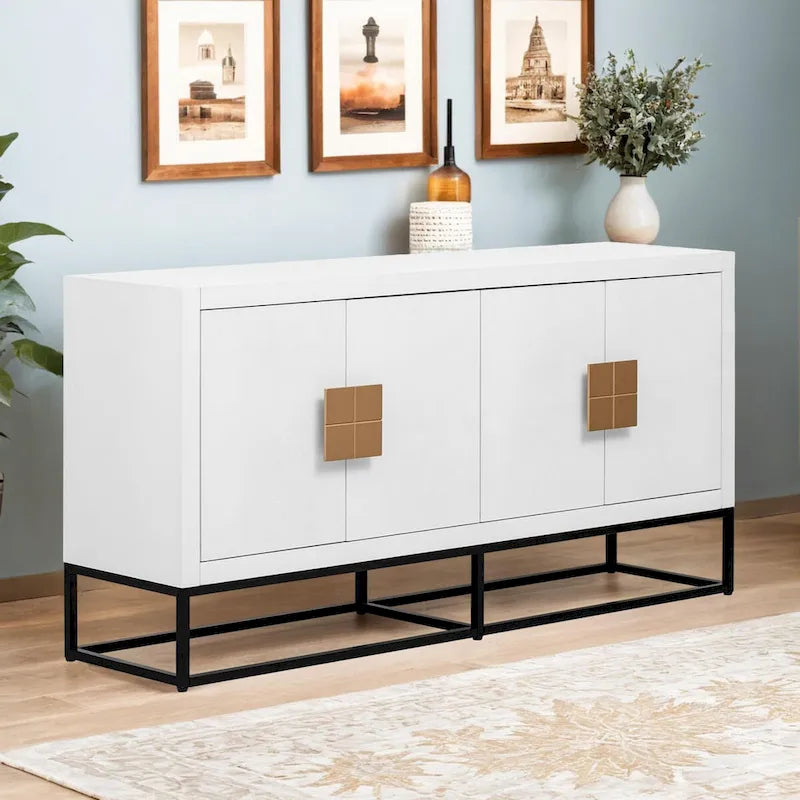 Meuble de style "Luxe Léger" avec pieds de support uniques et étagères réglables, convient pour les salons et les couloirs.