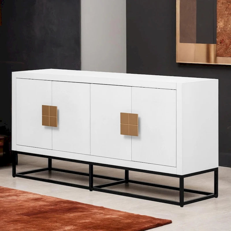 Meuble de style "Luxe Léger" avec pieds de support uniques et étagères réglables, convient pour les salons et les couloirs.