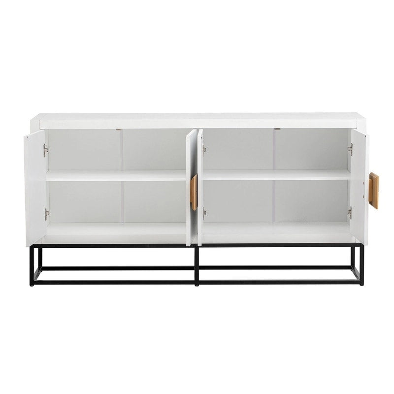 Meuble de style "Luxe Léger" avec pieds de support uniques et étagères réglables, convient pour les salons et les couloirs.