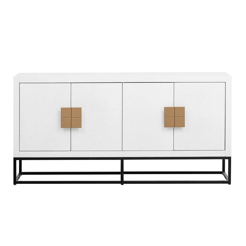 Meuble de style "Luxe Léger" avec pieds de support uniques et étagères réglables, convient pour les salons et les couloirs.