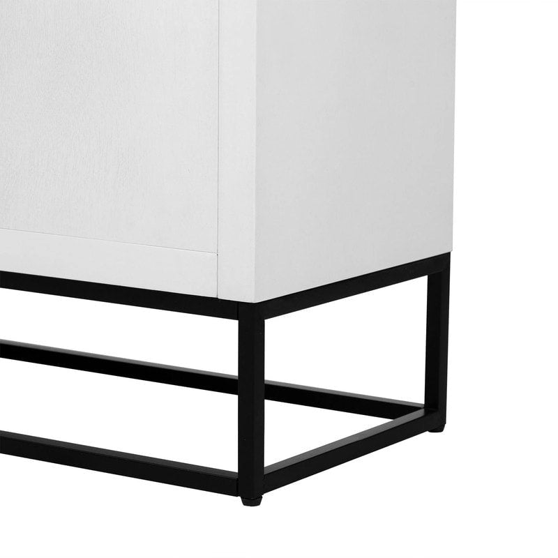 Meuble de style "Luxe Léger" avec pieds de support uniques et étagères réglables, convient pour les salons et les couloirs.