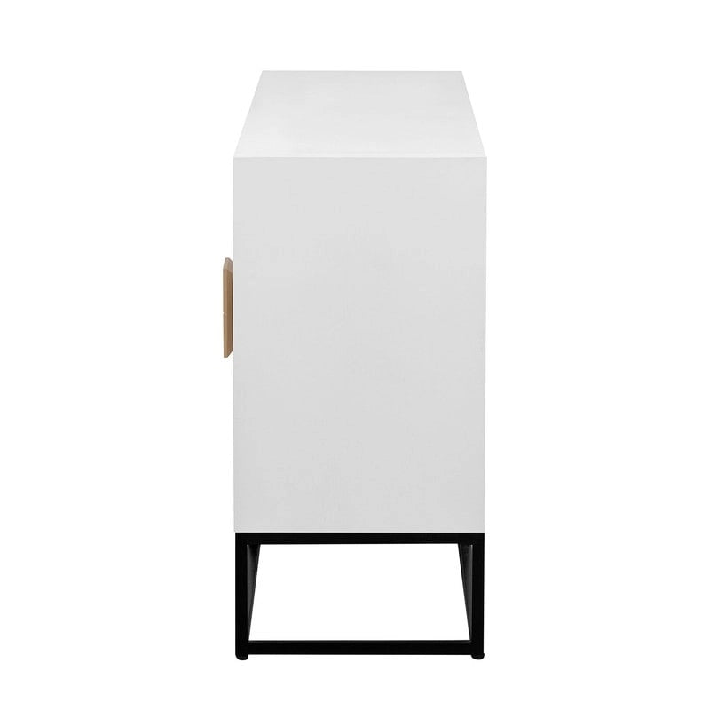 Meuble de style "Luxe Léger" avec pieds de support uniques et étagères réglables, convient pour les salons et les couloirs.