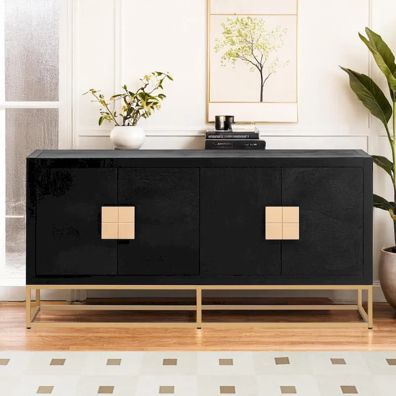 Meuble de style "Luxe Léger" avec pieds de support uniques et étagères réglables, convient pour les salons et les couloirs.