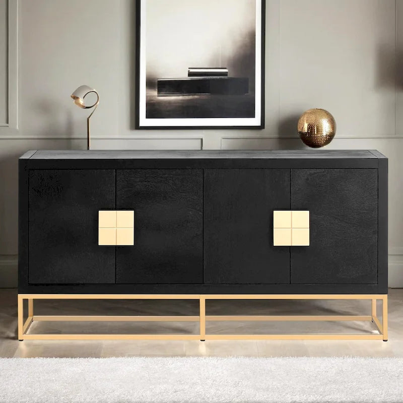 Meuble de style "Luxe Léger" avec pieds de support uniques et étagères réglables, convient pour les salons et les couloirs.