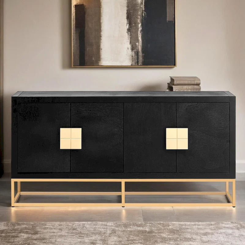 Meuble de style "Luxe Léger" avec pieds de support uniques et étagères réglables, convient pour les salons et les couloirs.