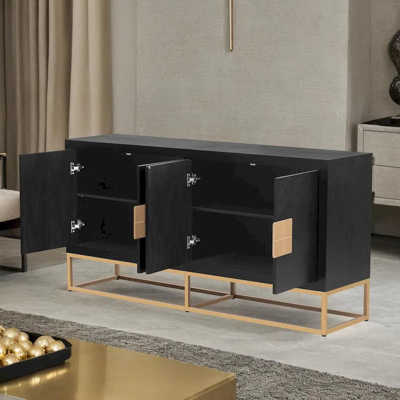 Meuble de style "Luxe Léger" avec pieds de support uniques et étagères réglables, convient pour les salons et les couloirs.