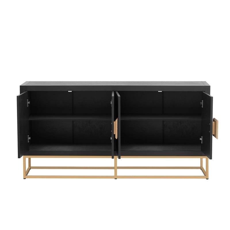 Meuble de style "Luxe Léger" avec pieds de support uniques et étagères réglables, convient pour les salons et les couloirs.