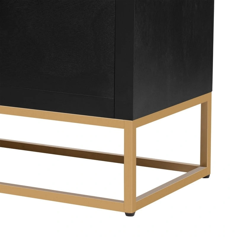 Meuble de style "Luxe Léger" avec pieds de support uniques et étagères réglables, convient pour les salons et les couloirs.