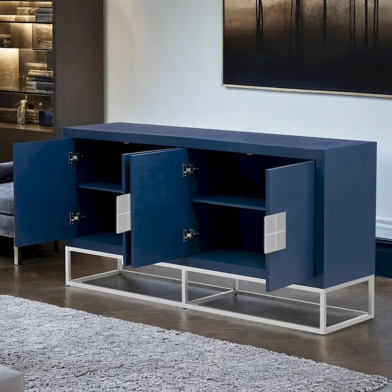 Meuble de style "Luxe Léger" avec pieds de support uniques et étagères réglables, convient pour les salons et les couloirs.