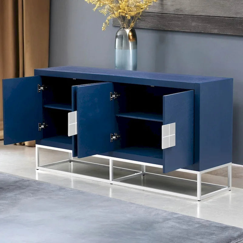Meuble de style "Luxe Léger" avec pieds de support uniques et étagères réglables, convient pour les salons et les couloirs.