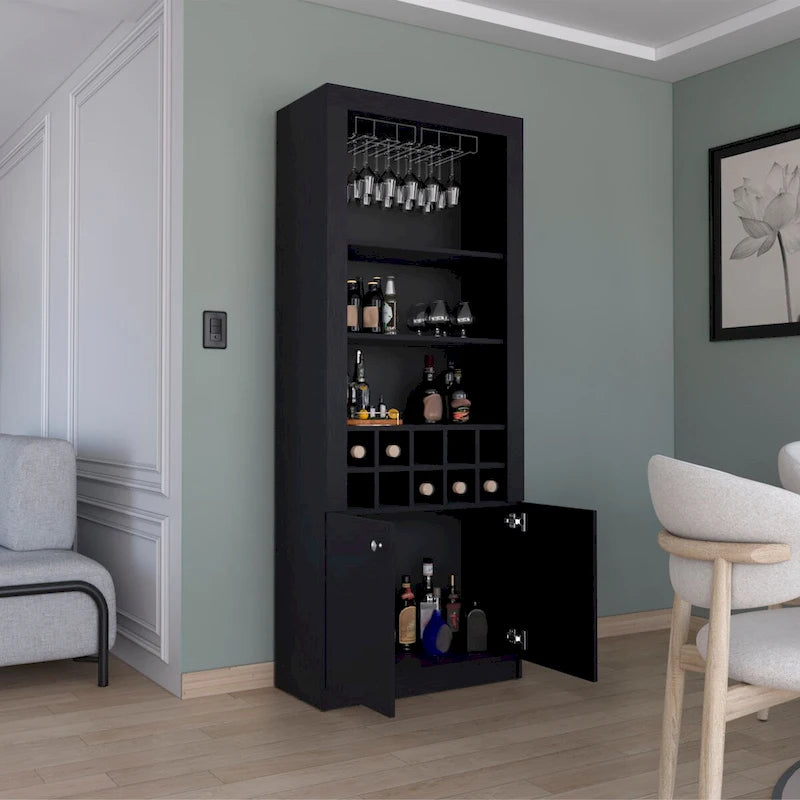 Buffet de bar moderne à 4 niveaux de 74 po avec porte-verres à pied, meuble à vin, meuble à liqueurs, 10 casiers à bouteilles et 4 étagères