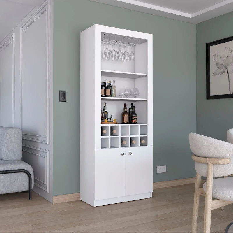 Buffet de bar moderne à 4 niveaux de 74 po avec porte-verres à pied, meuble à vin, meuble à liqueurs, 10 casiers à bouteilles et 4 étagères