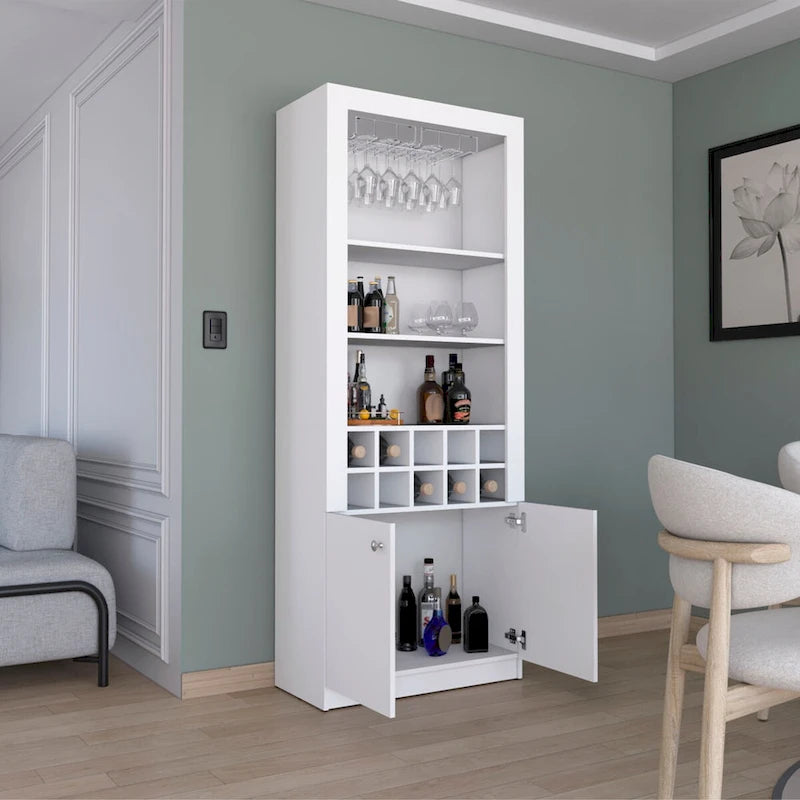 Buffet de bar moderne à 4 niveaux de 74 po avec porte-verres à pied, meuble à vin, meuble à liqueurs, 10 casiers à bouteilles et 4 étagères