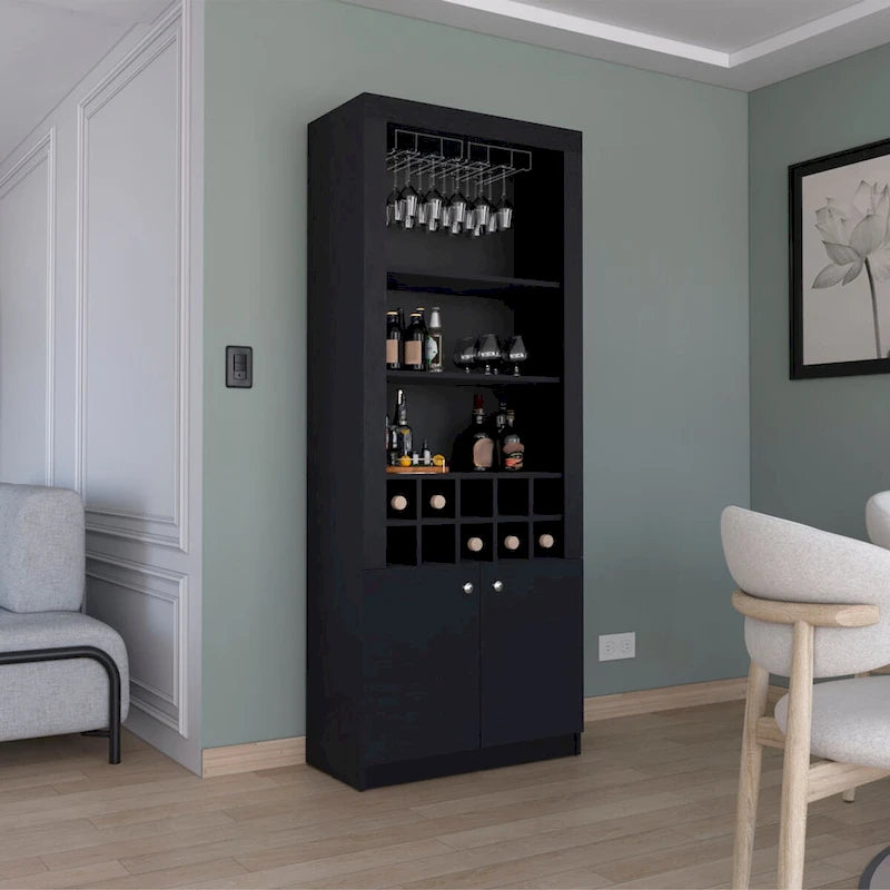 Buffet de bar moderne à 4 niveaux de 74 po avec porte-verres à pied, meuble à vin, meuble à liqueurs, 10 casiers à bouteilles et 4 étagères