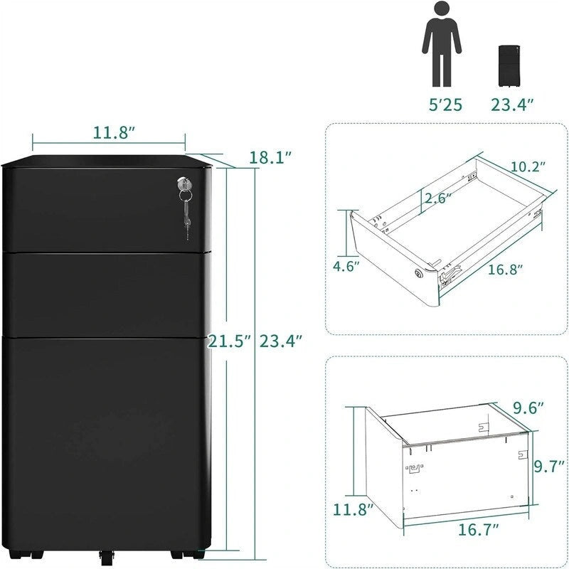 Caisson de classement fin à 3 tiroirs avec serrure - 46P x 30L x 59,4H cm