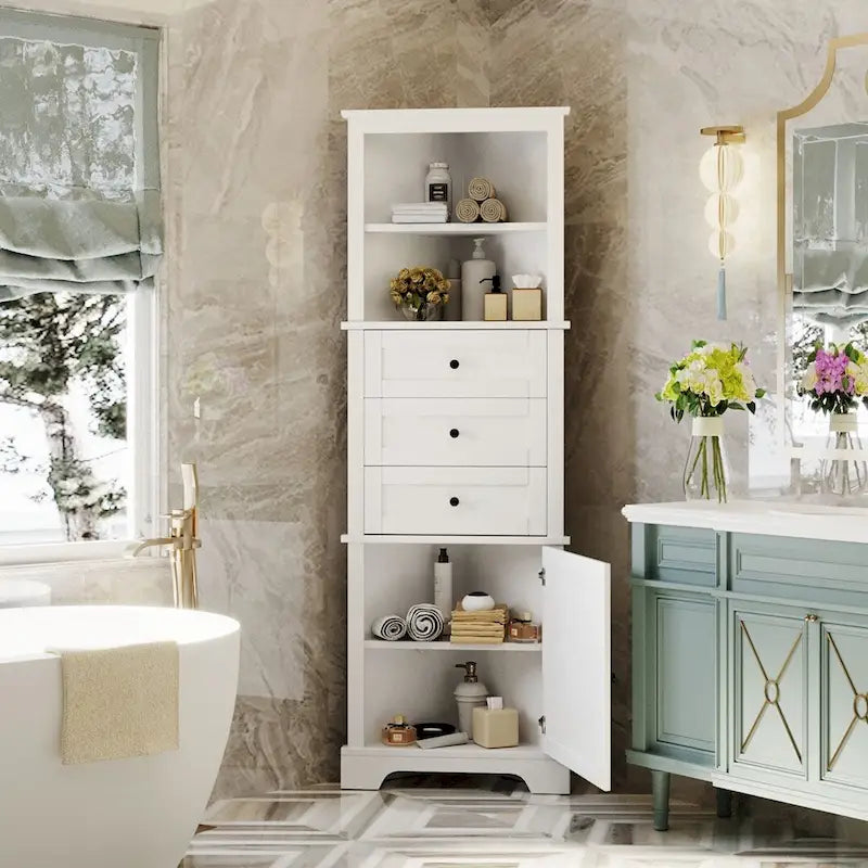 Meuble haut triangulaire avec 3 tiroirs et étagères réglables pour salle de bain, cuisine ou salon - 23,00 L * 13,40 l * 68,90 H