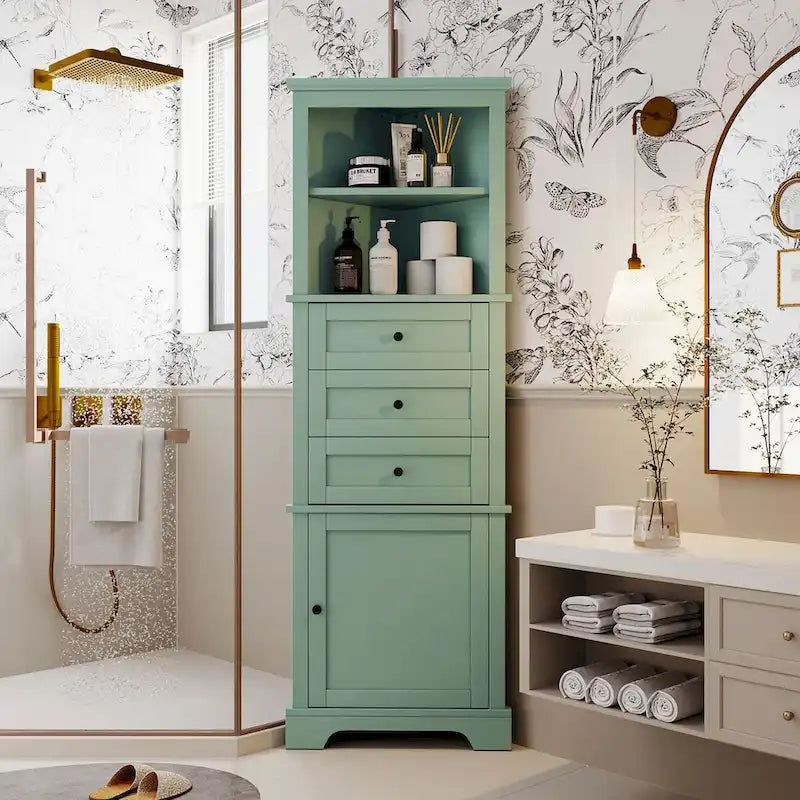 Meuble haut triangulaire avec 3 tiroirs et étagères réglables pour salle de bain, cuisine ou salon - 23,00 L * 13,40 l * 68,90 H