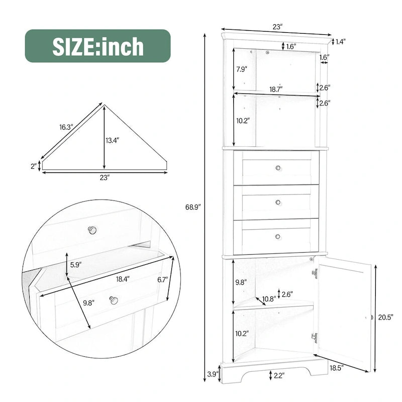Meuble haut triangulaire avec 3 tiroirs et étagères réglables pour salle de bain, cuisine ou salon - 23,00 L * 13,40 l * 68,90 H