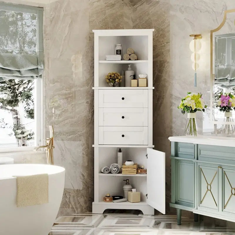 Meuble haut triangulaire avec 3 tiroirs et étagères réglables pour salle de bain, cuisine ou salon - 23,00 L * 13,40 l * 68,90 H