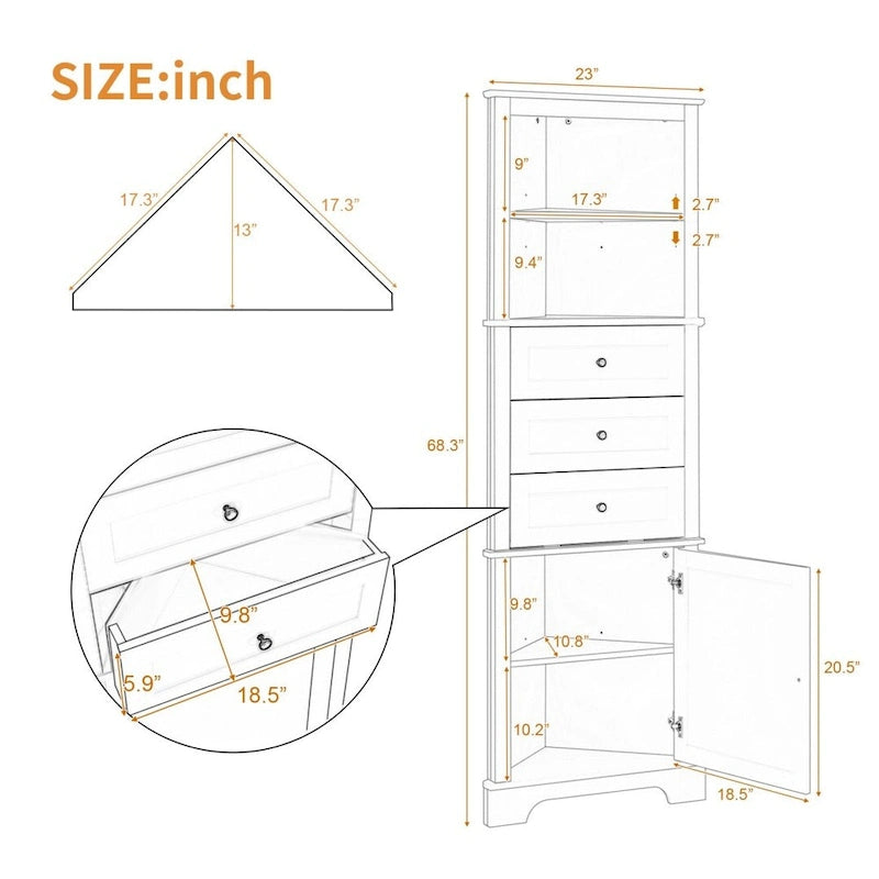 Meuble haut triangulaire avec 3 tiroirs et étagères réglables pour salle de bain, cuisine ou salon - 23,00 L * 13,40 l * 68,90 H