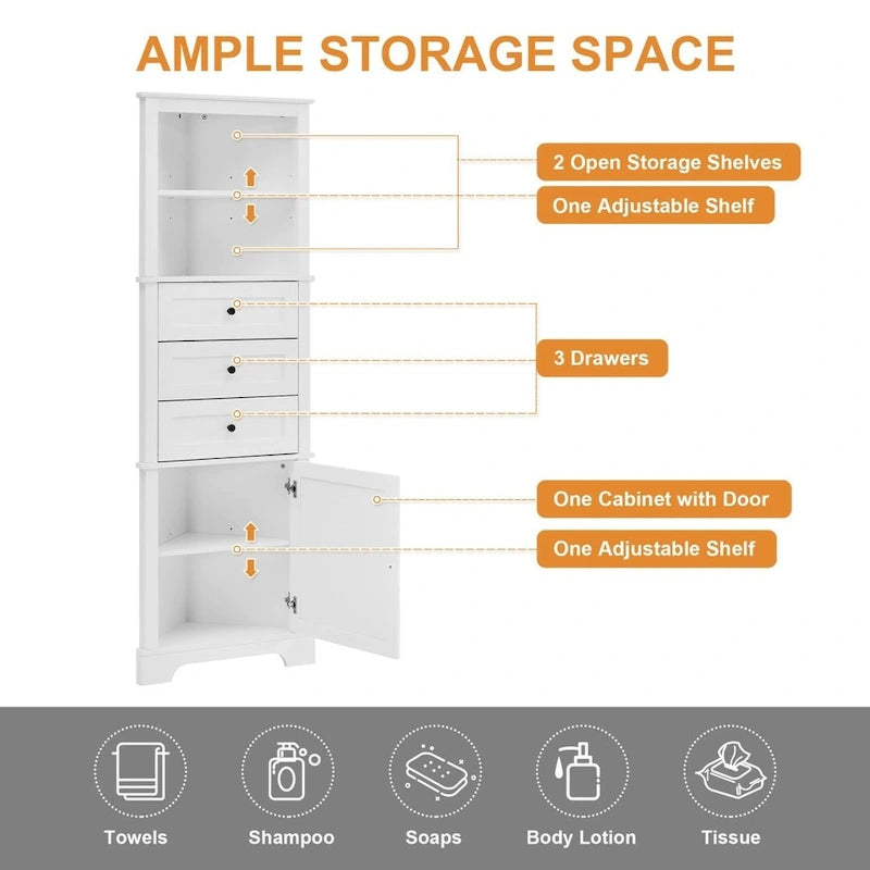 Meuble haut triangulaire avec 3 tiroirs et étagères réglables pour salle de bain, cuisine ou salon - 23,00 L * 13,40 l * 68,90 H
