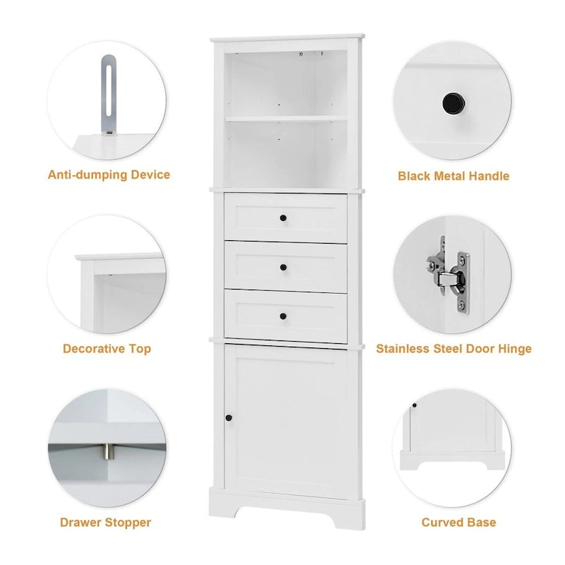 Meuble haut triangulaire avec 3 tiroirs et étagères réglables pour salle de bain, cuisine ou salon - 23,00 L * 13,40 l * 68,90 H