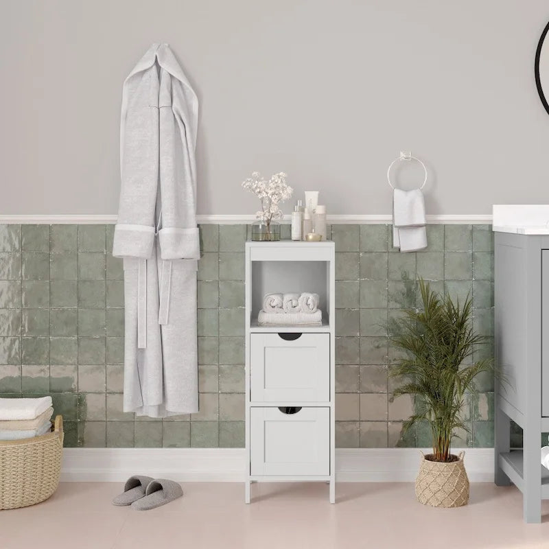 Meuble de rangement bas avec 2 tiroirs, une étagère ouverte et patins de protection