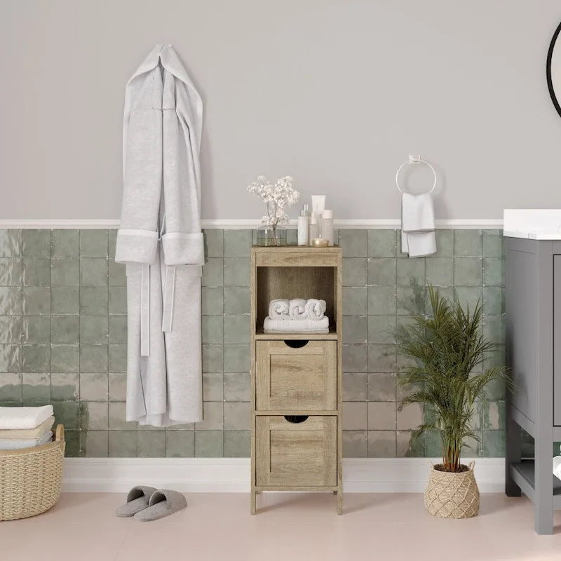 Meuble de rangement bas avec 2 tiroirs, une étagère ouverte et patins de protection