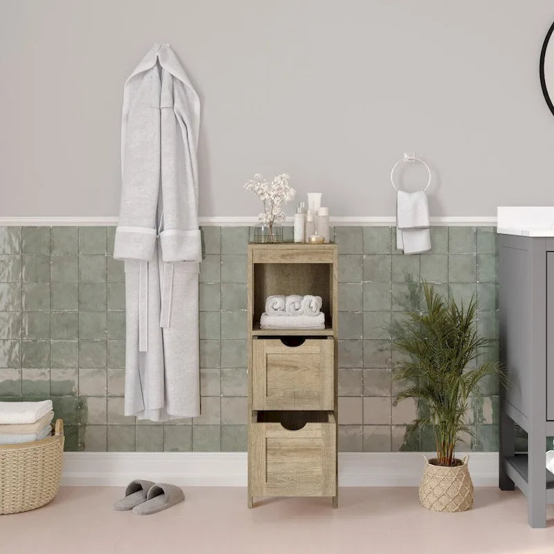 Meuble de rangement bas avec 2 tiroirs, une étagère ouverte et patins de protection